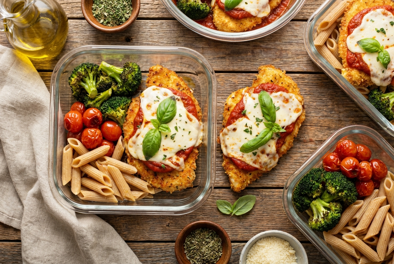 Crispy chicken Parmesan topped with bubbly mozzarella and red marinara sauce on a plate