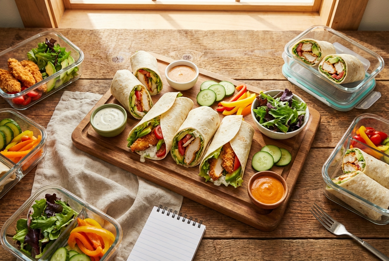 Crispy chicken tender wrap cut in half showing golden breaded chicken, lettuce, and ranch