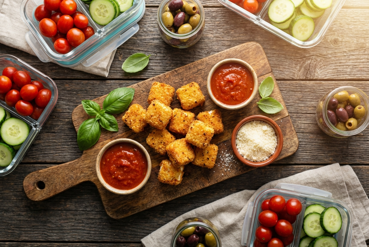 Golden crispy mozzarella bites with stretchy cheese visible inside, served with marinara sauce