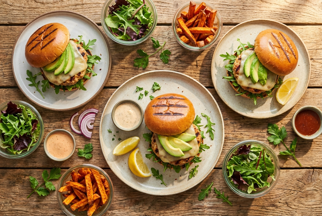 Juicy turkey burger on a whole wheat bun with lettuce, tomato, and onion