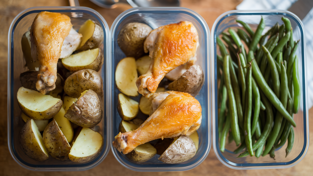 Crispy baked chicken drumsticks with golden seasoned skin alongside white rice and steamed green beans in meal prep containers