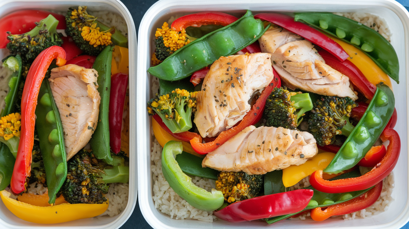 Five meal prep containers with golden chicken stir-fry over white jasmine rice with colorful vegetables and sesame seed garnish