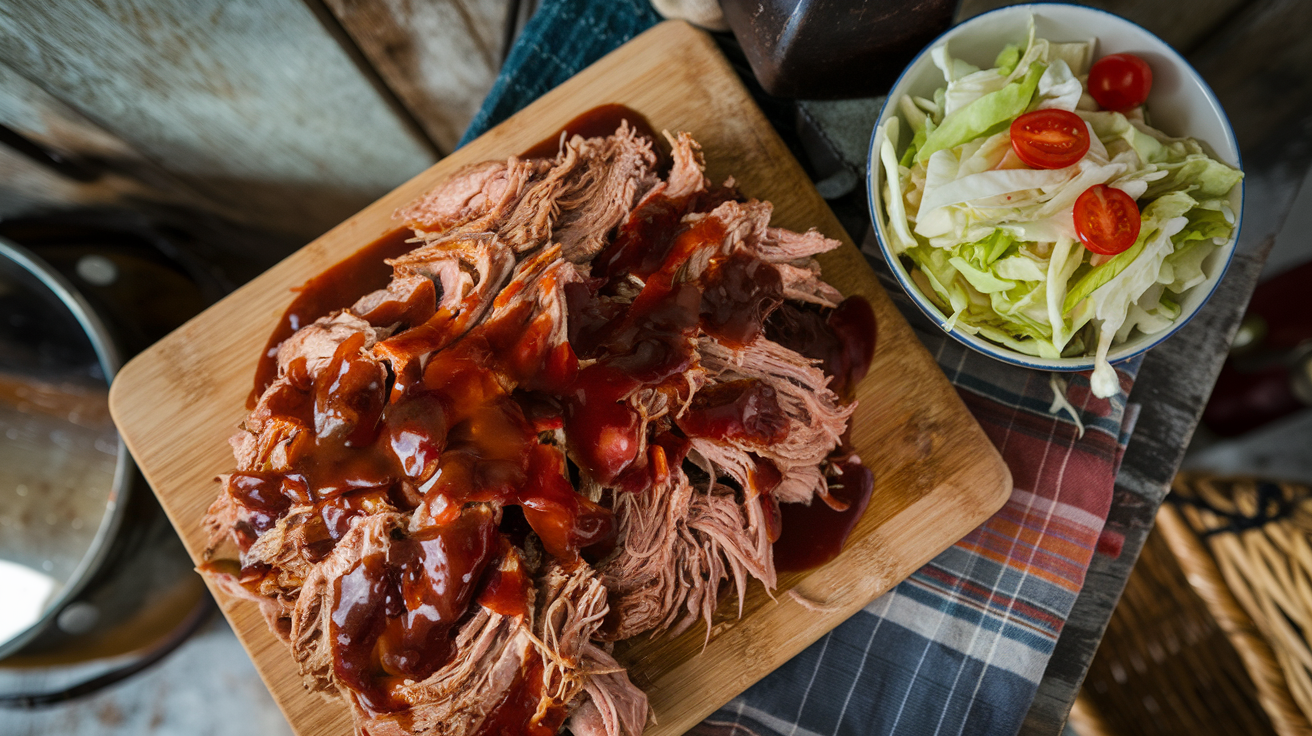 Slow cooker filled with tender shredded pulled pork in smoky BBQ sauce, with pulled pork sandwiches plated beside it