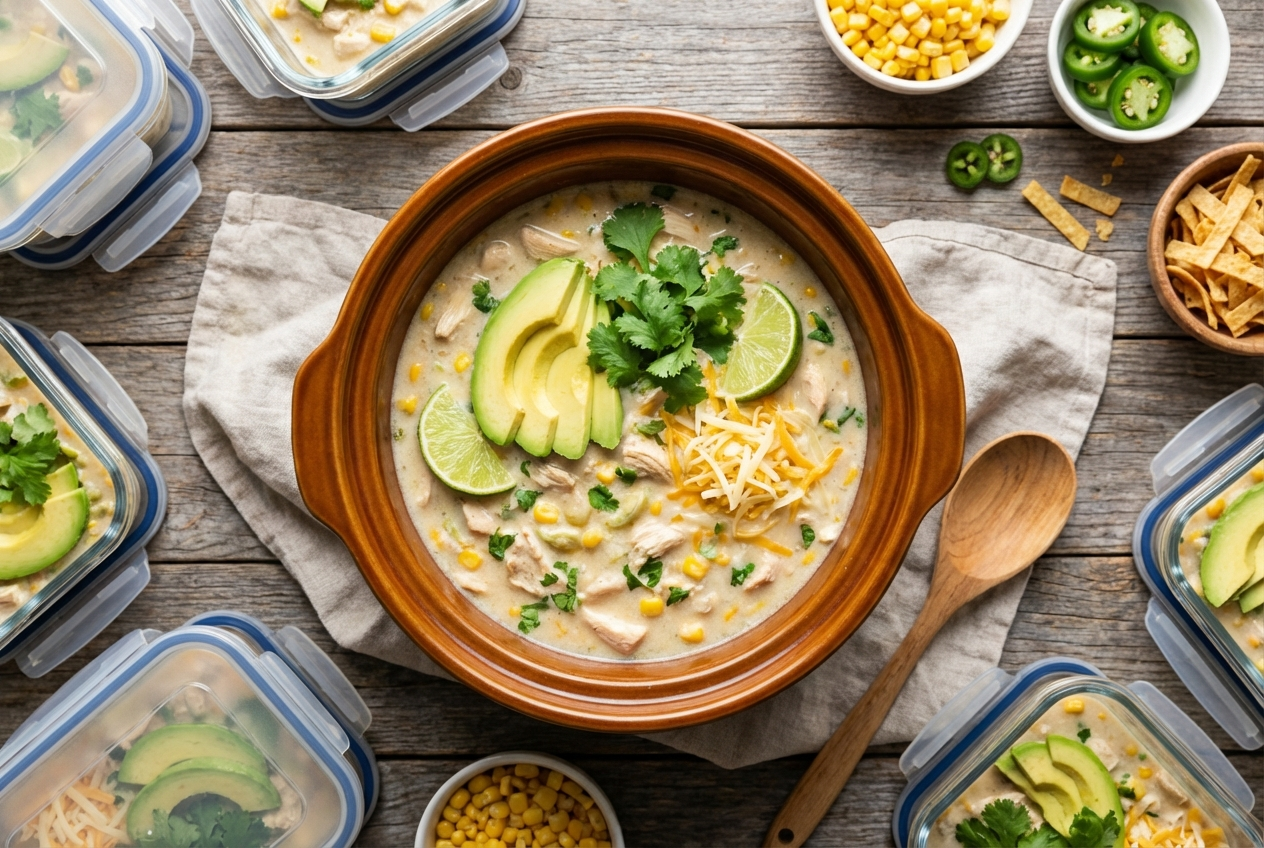 Bowl of creamy white chicken chili with shredded chicken and white beans topped with cheese