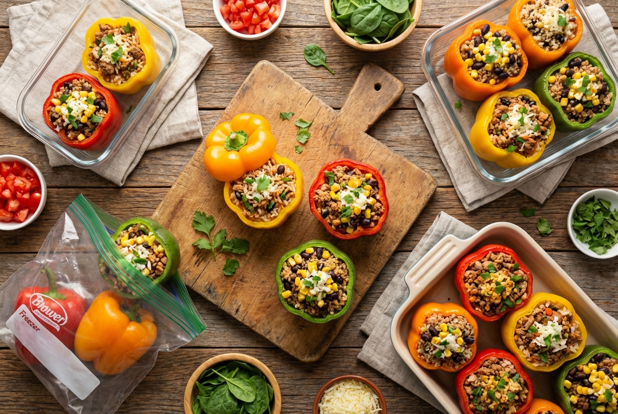 Colorful stuffed bell peppers in a baking dish topped with melted cheese and herbs