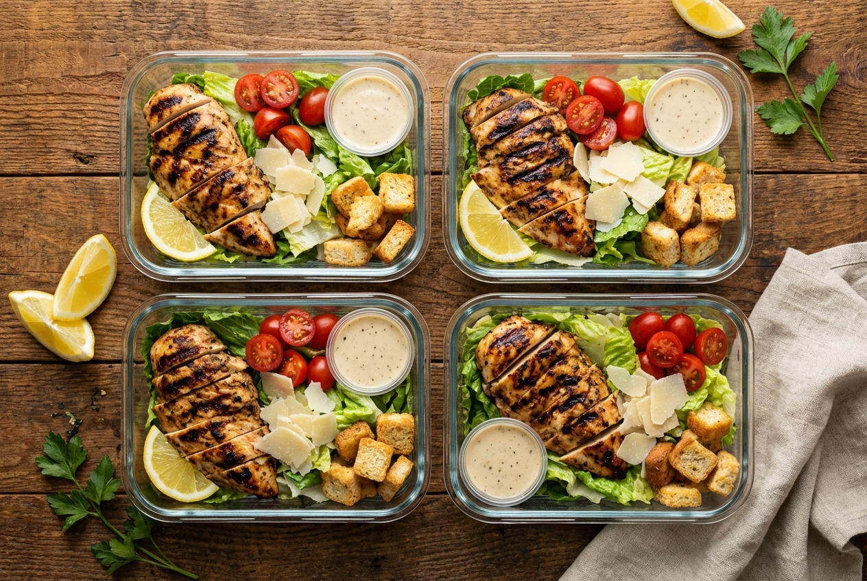 Grilled sliced chicken on top of crisp romaine Caesar salad with Parmesan shavings