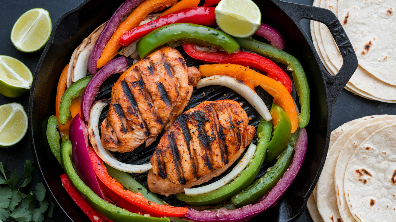 Grilled chicken fajita strips with charred bell peppers and onions in meal prep containers, with warm tortillas on the side