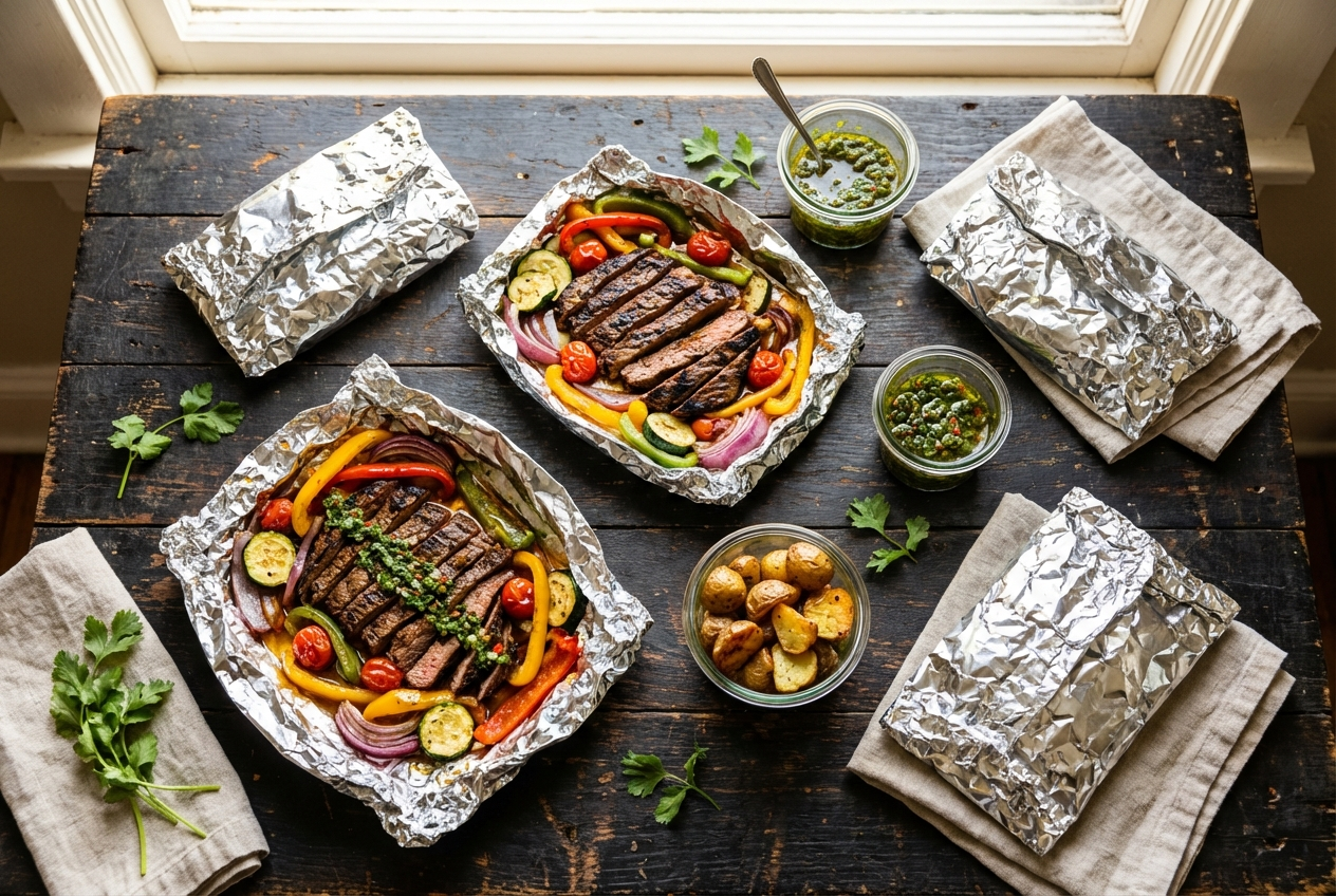 Opened foil packet revealing tender steak cubes with roasted potatoes and colorful vegetables