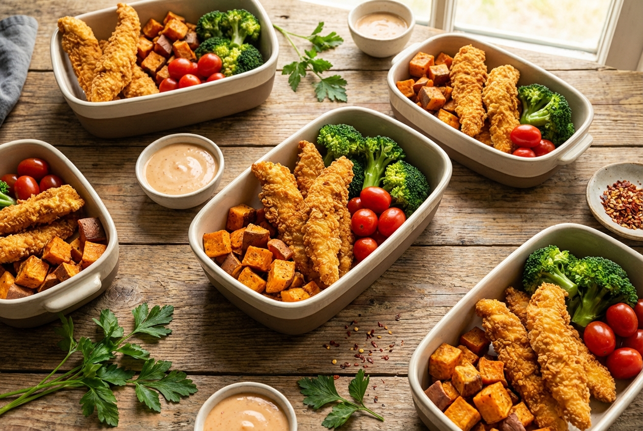 Golden crispy chicken strips from the air fryer with a parmesan crust