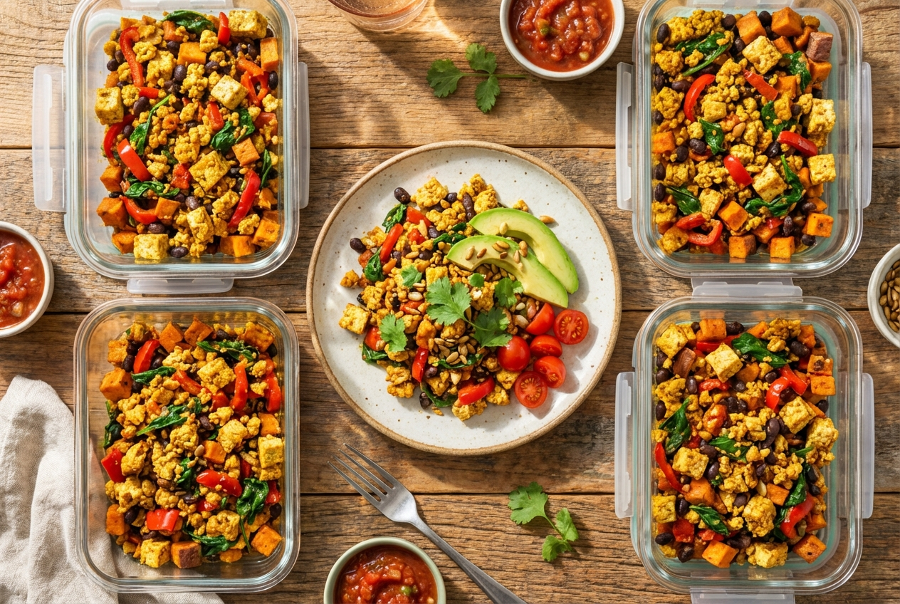 Golden crumbled tofu scramble with spinach and tomato in a bowl with turmeric-yellow color