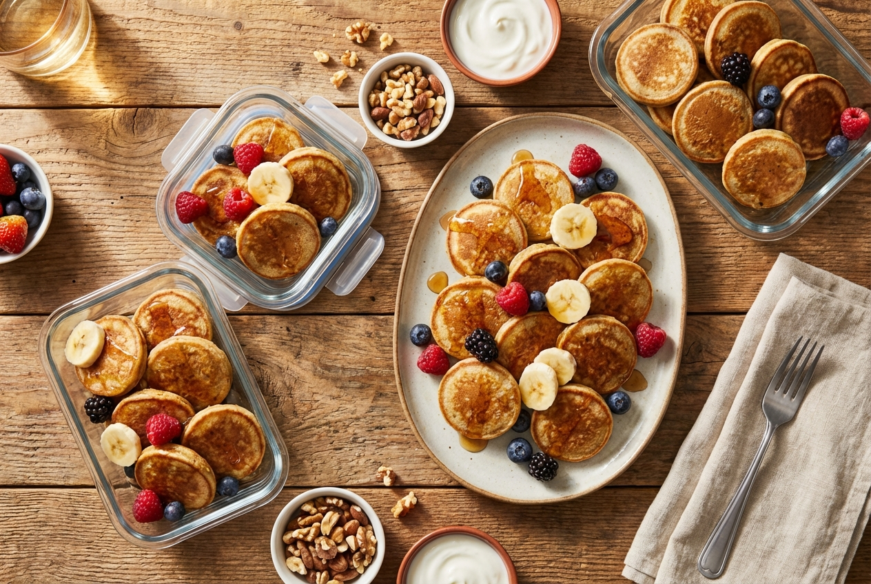 Pile of small golden protein pancake bites with a tiny container of maple syrup for dipping