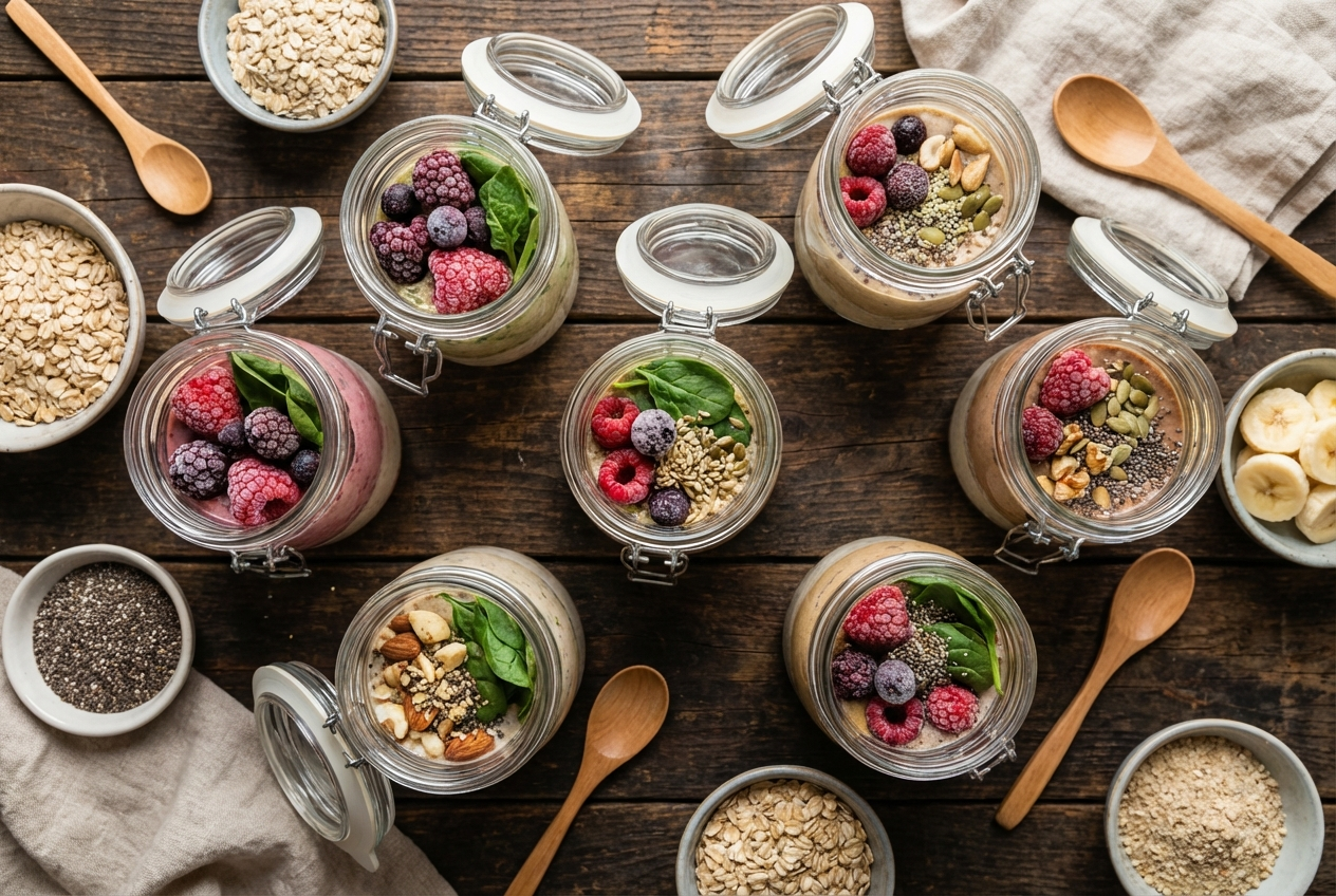 Labeled freezer bags with smoothie ingredients including protein powder, banana, and berries