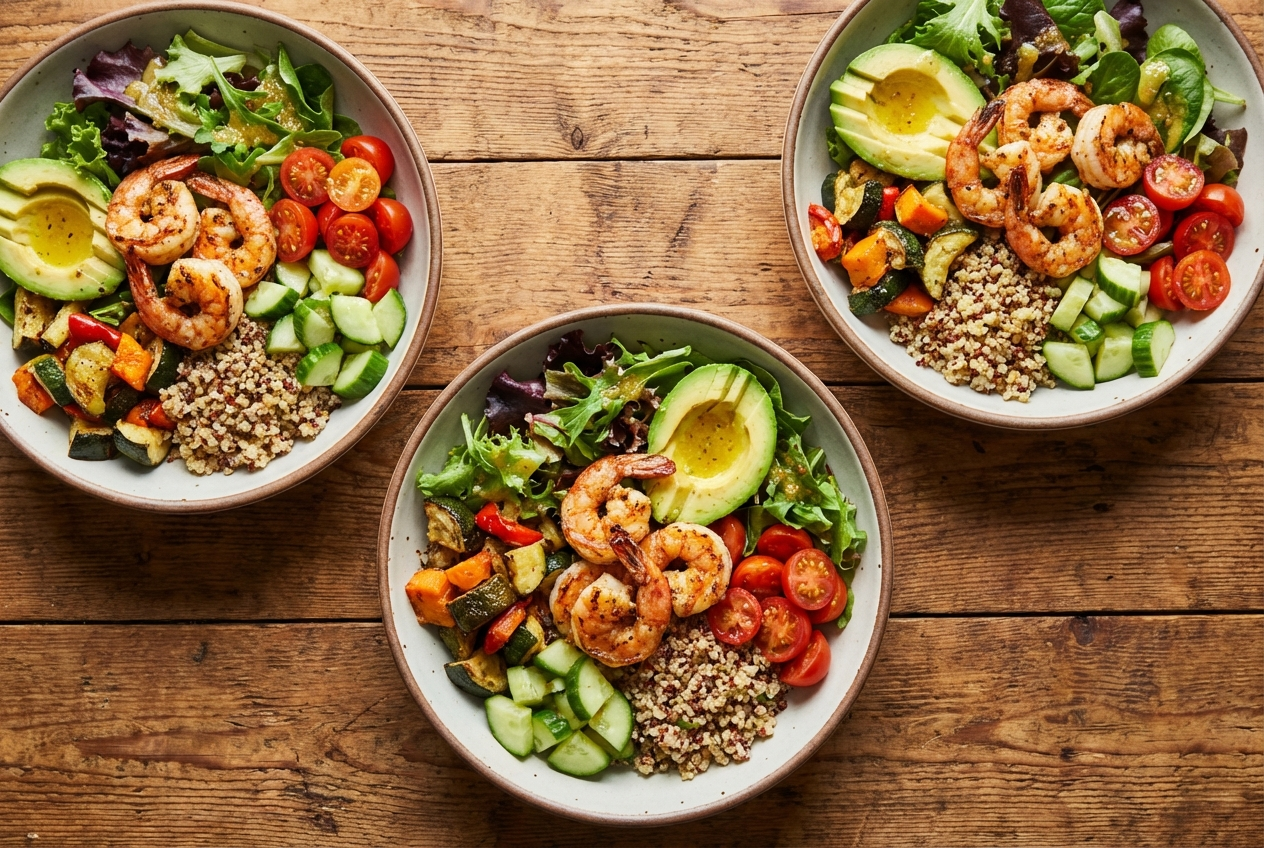 Grilled shrimp on a bed of mixed greens with quinoa, corn, avocado, and cherry tomatoes
