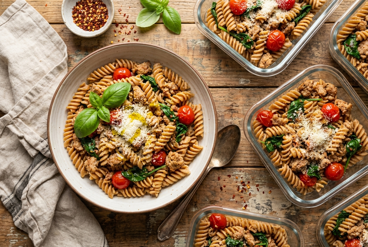 Bowl of turkey Bolognese pasta topped with melted mozzarella and fresh basil