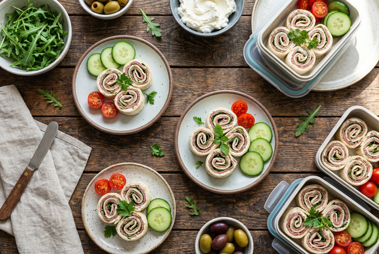 Roast beef roll-ups with cream cheese and pickles visible, secured with toothpicks