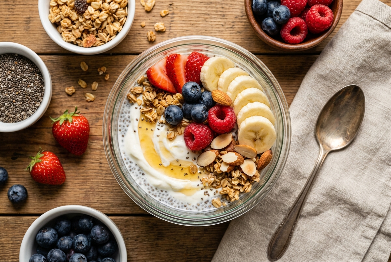 Layered Greek yogurt parfait in a clear jar showing white yogurt, golden granola, and colorful berries