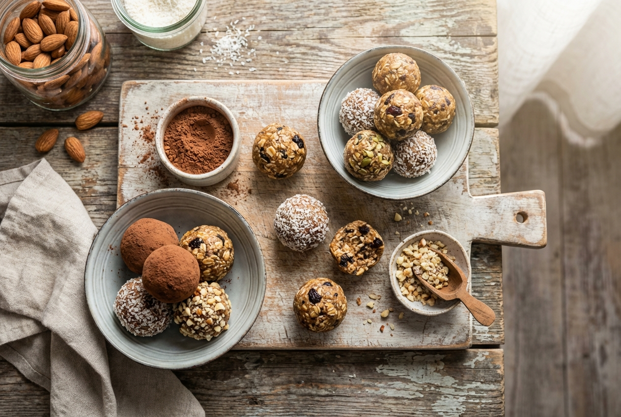 Round chocolate protein balls dusted with oats arranged on a parchment-lined plate