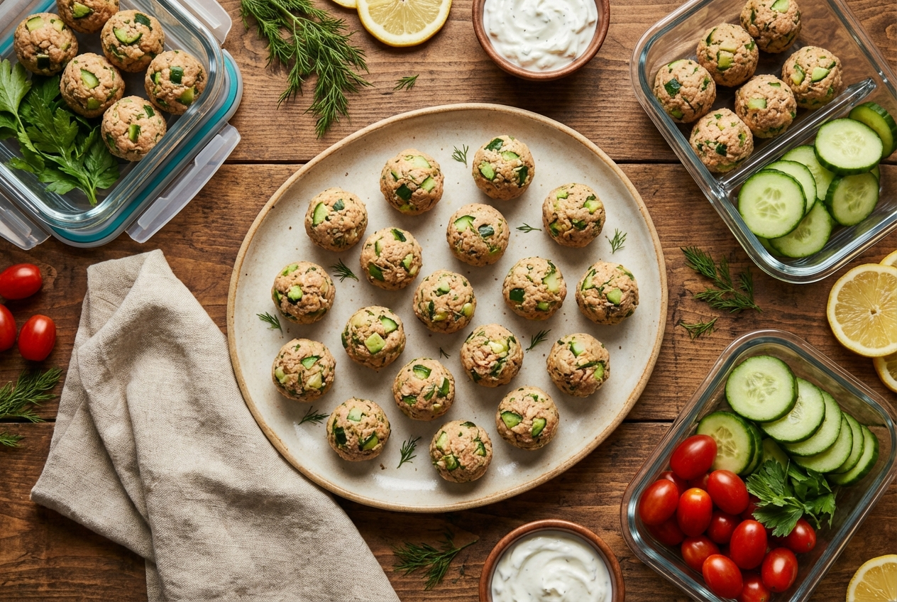 Cucumber rounds topped with seasoned tuna salad and everything bagel seasoning