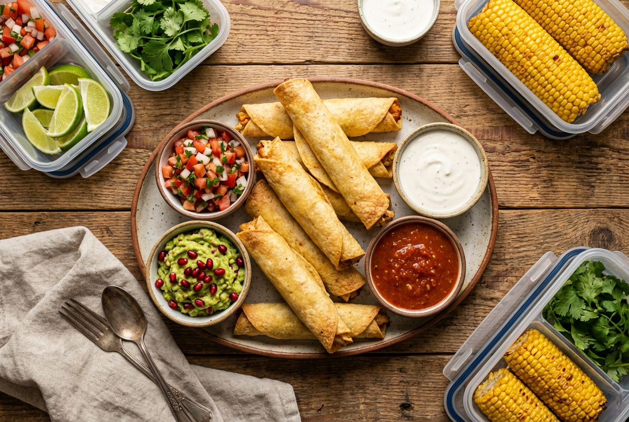Row of golden crispy baked taquitos showing chicken and cheese filling inside