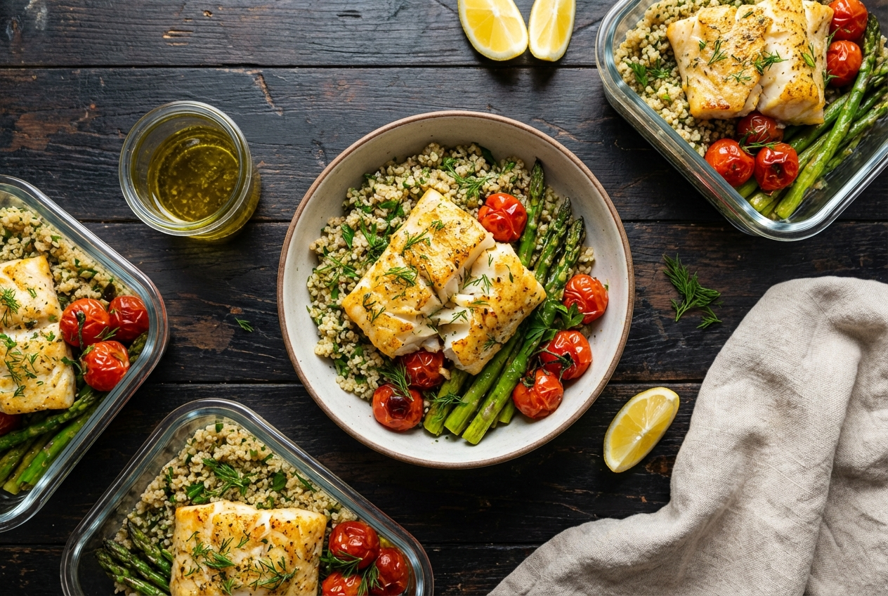 Flaky white cod fillet on a bed of herbed quinoa with cherry tomatoes