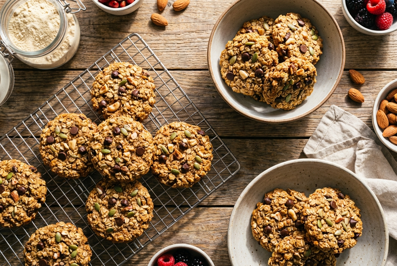 Soft, golden protein cookies with chocolate chips cooling on a parchment-lined baking sheet