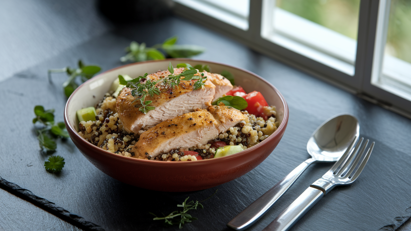 High-protein quinoa bowl with sliced grilled chicken, crispy roasted chickpeas, cucumber, tomatoes, and tahini drizzle