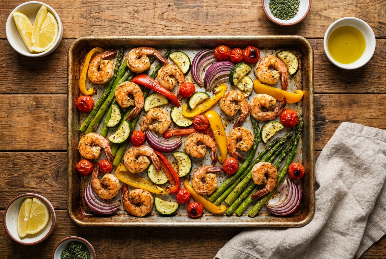 Sheet pan of pink Cajun shrimp with roasted zucchini, corn, and blistered tomatoes