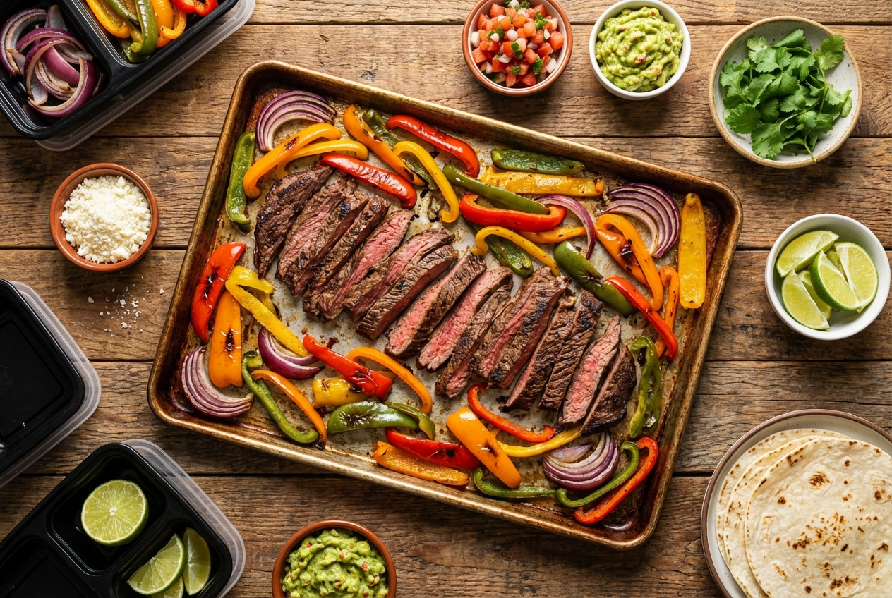 Sheet pan covered with sizzling steak strips and charred peppers and onions
