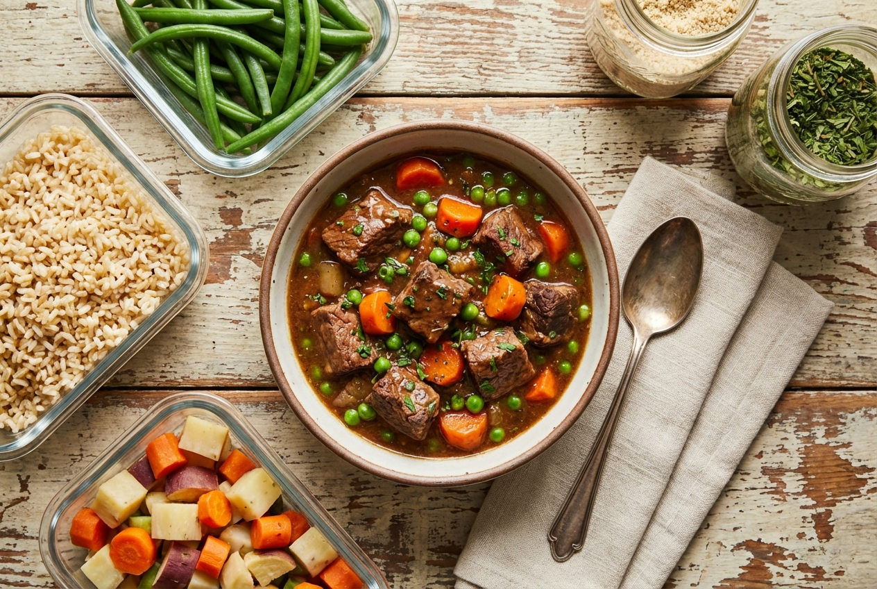Rich beef stew with large meat chunks, white beans, carrots, and potatoes in thick gravy