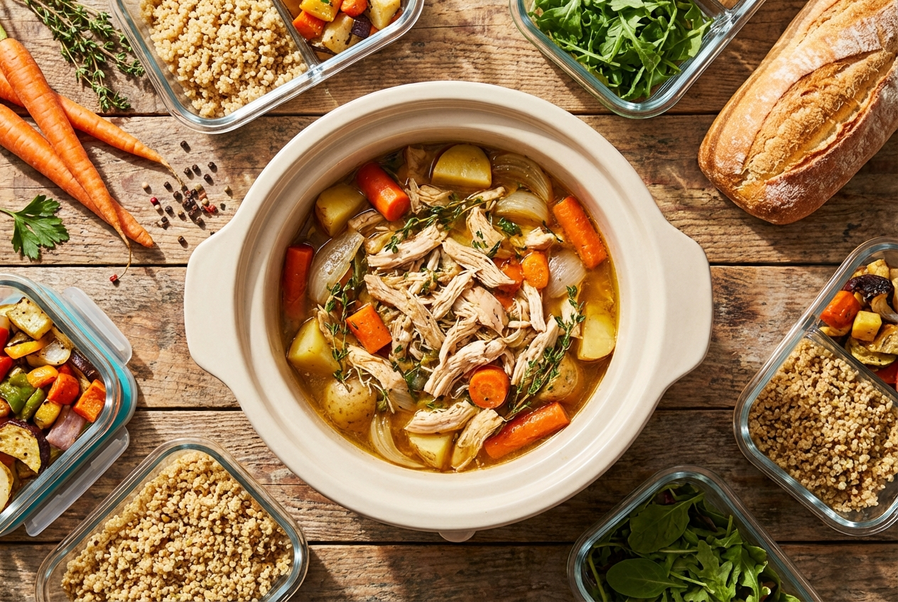 Fall-off-the-bone slow cooker chicken thighs with lemon slices and caramelized onions