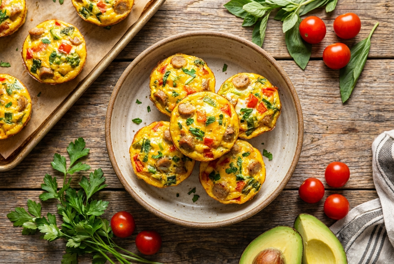 Golden egg cups with visible turkey sausage and melted cheese fresh from the muffin tin