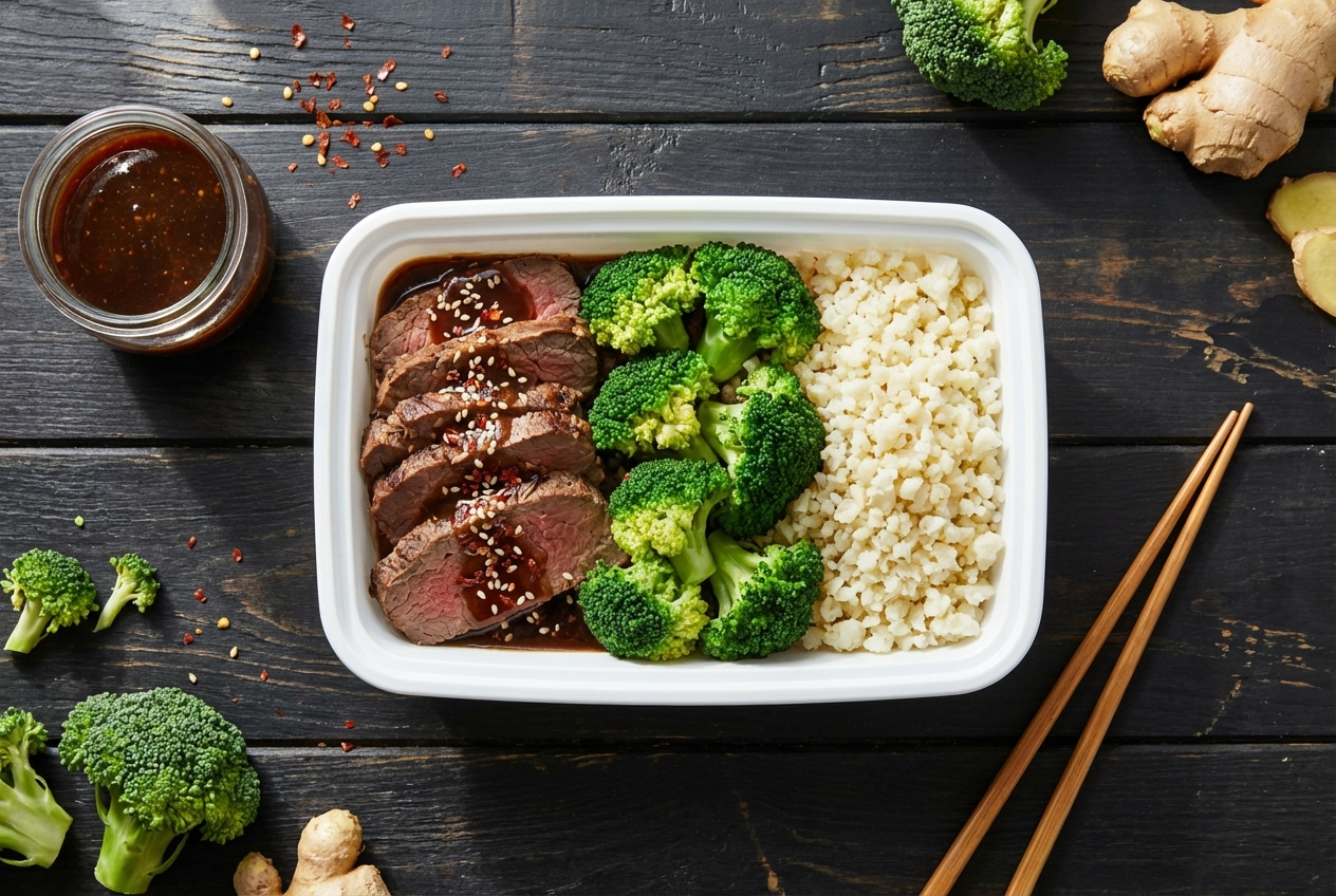Seared beef strips and bright green broccoli in a glossy brown sauce garnished with sesame seeds