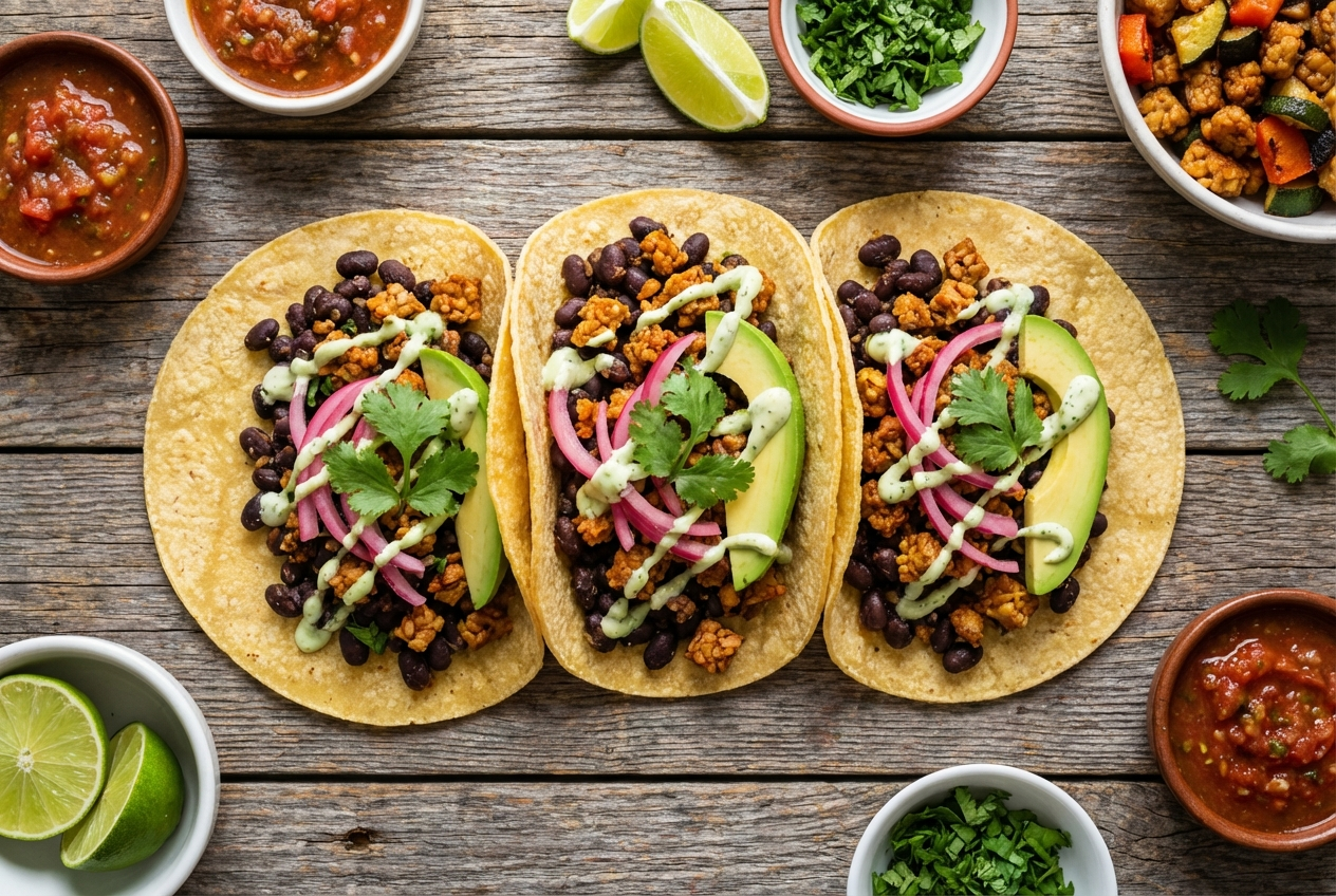 Three corn tacos filled with crumbled tempeh and black beans, topped with pico de gallo and avocado