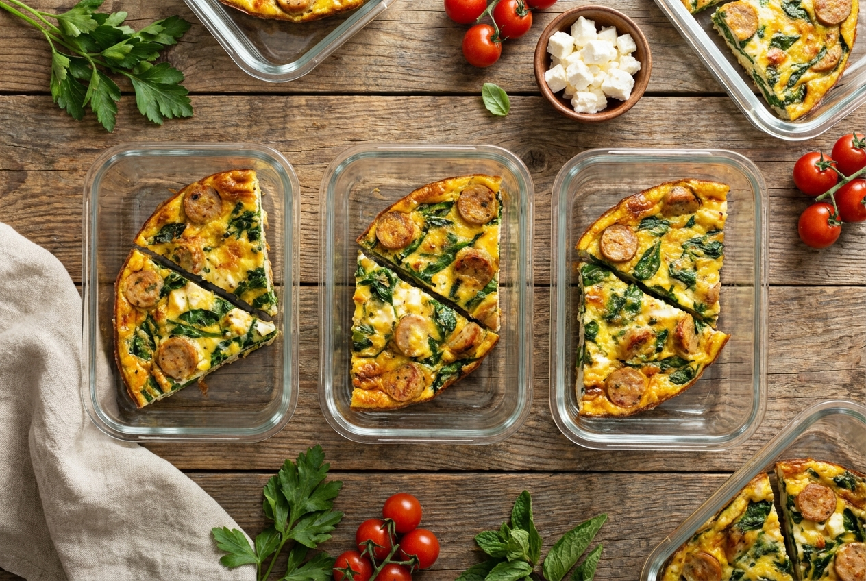 Golden-topped frittata in a cast iron skillet with visible chicken sausage, spinach, and feta cheese