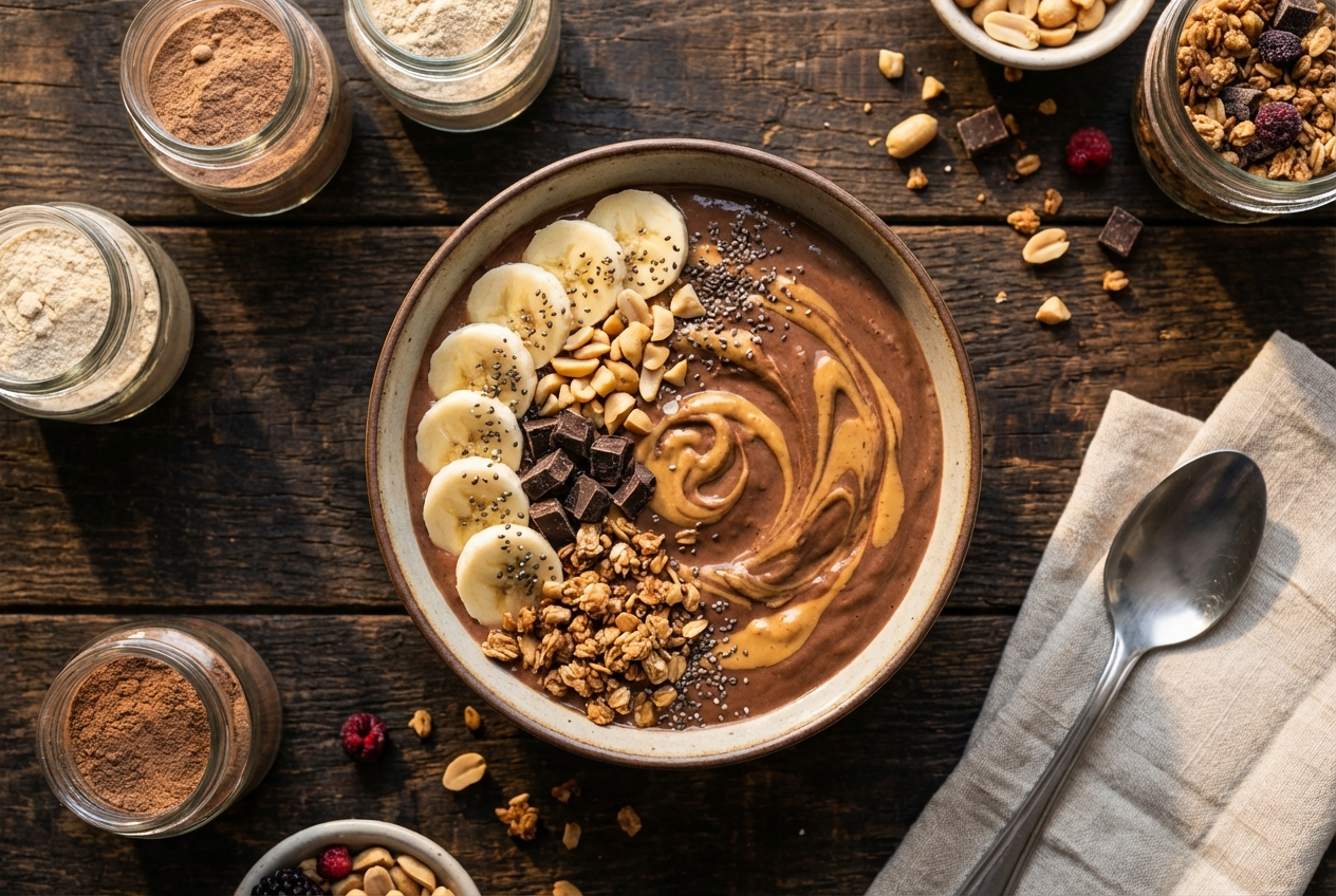 Thick chocolate protein smoothie bowl topped with dark chocolate chips, granola, and sliced banana
