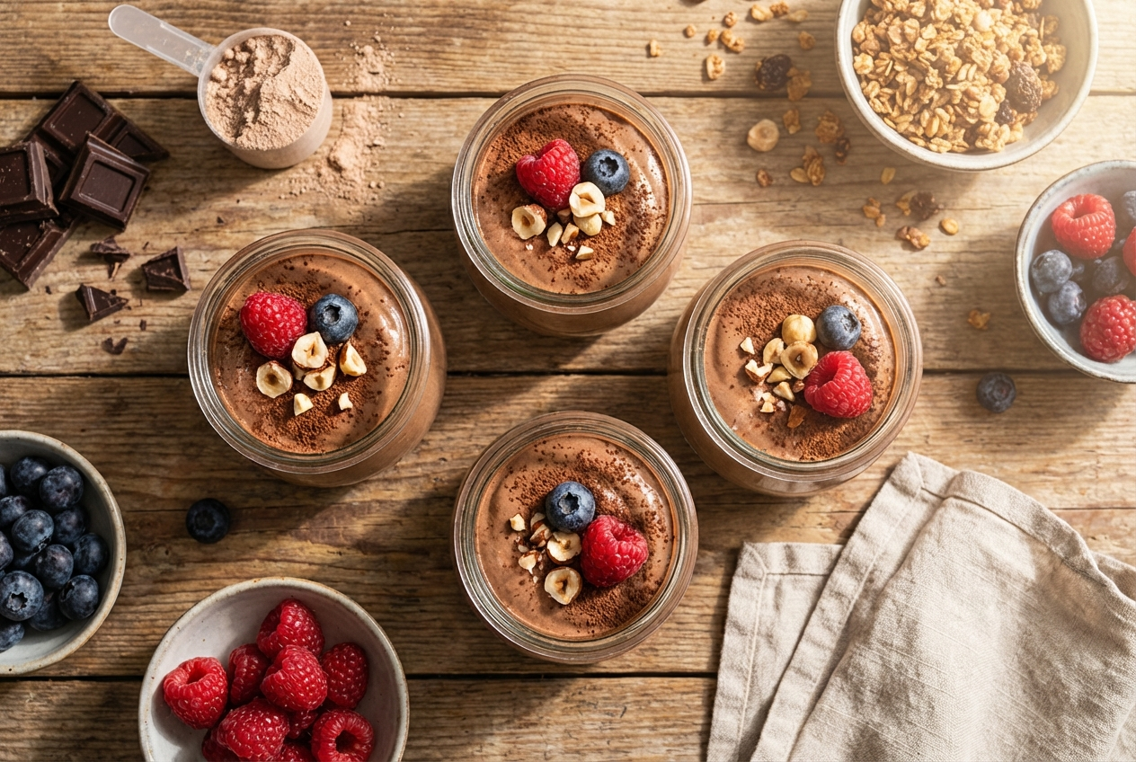 Rich chocolate protein mousse in a small glass topped with whipped cream and fresh raspberries