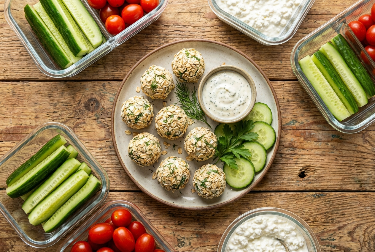 Cucumber rounds topped with cottage cheese and everything bagel seasoning garnished with fresh dill