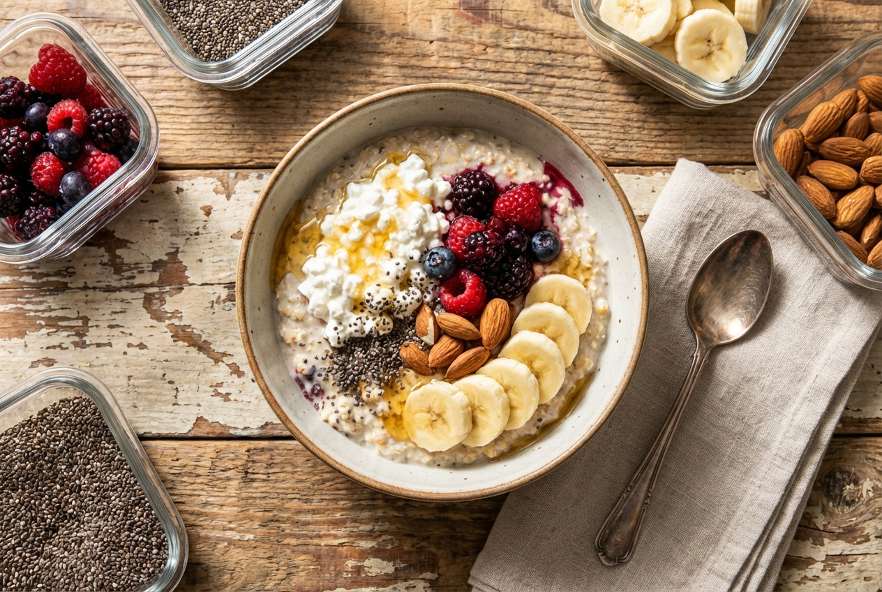 Mason jar of overnight oats topped with sliced banana and a swirl of peanut butter