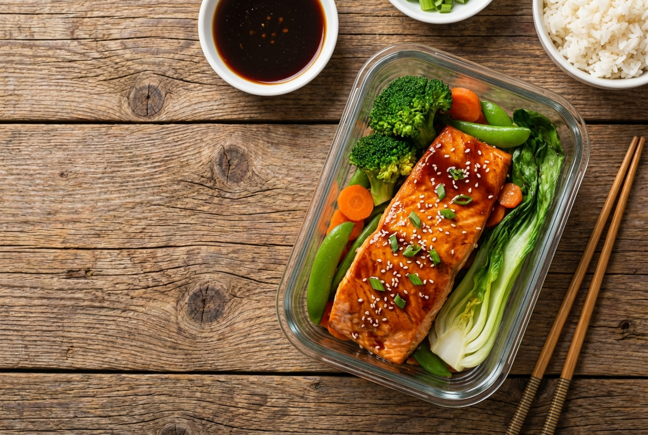 Teriyaki-glazed salmon fillet on a plate with sesame-dressed broccoli and snap peas