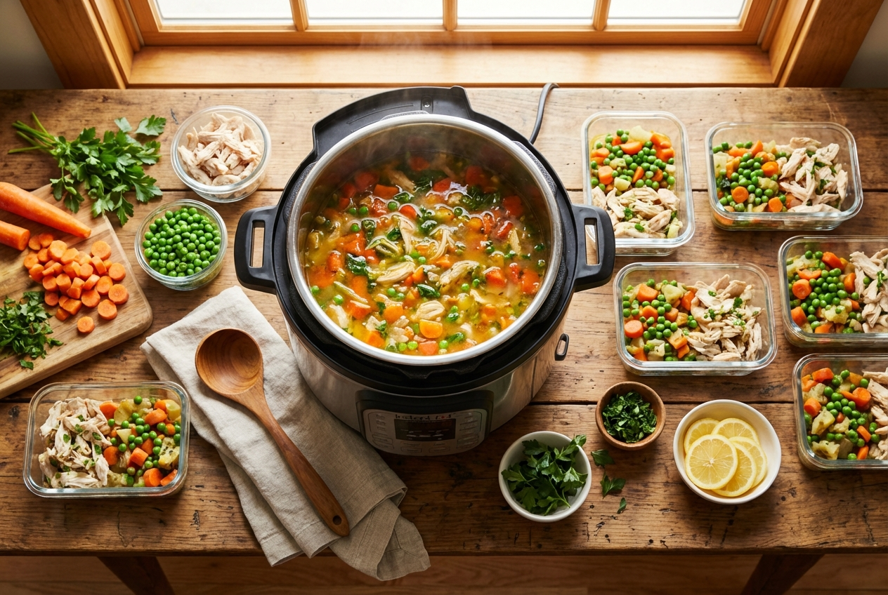 Bowl of clear brothy soup with shredded chicken, diced vegetables, and fresh spinach