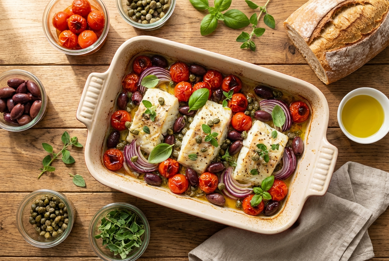 Baked cod fillets in a tomato sauce with Kalamata olives and capers in a cast iron skillet