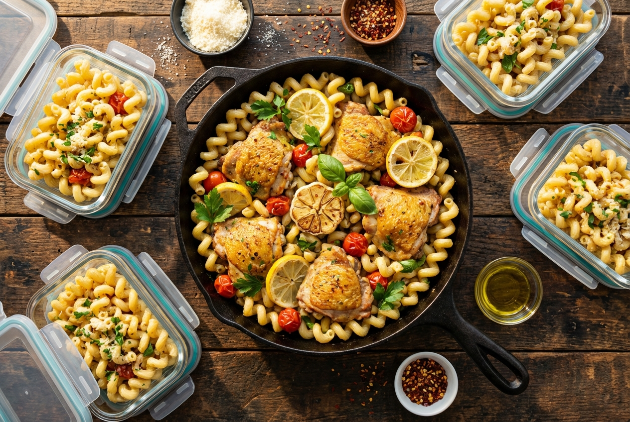 Creamy lemon garlic chicken pasta with spinach and Parmesan in a deep skillet