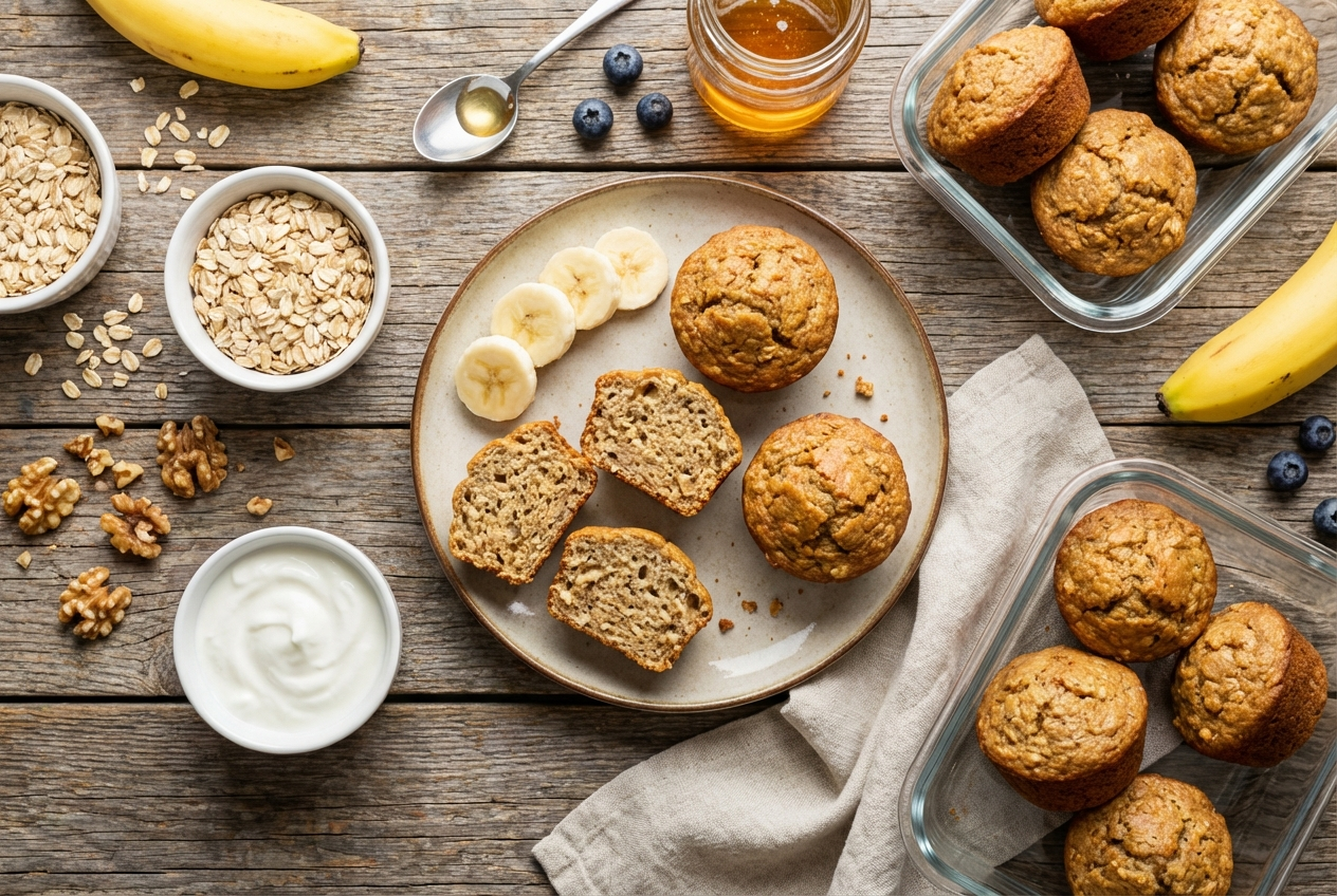 Golden banana protein muffins with chopped walnuts on top cooling on a wire rack