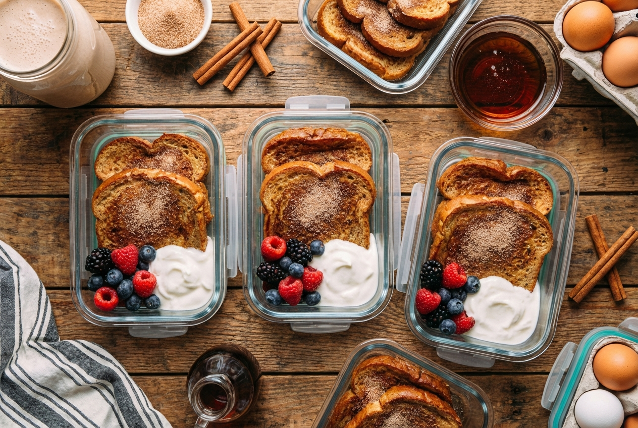 Golden cinnamon French toast slices topped with fresh strawberries and maple syrup on a plate