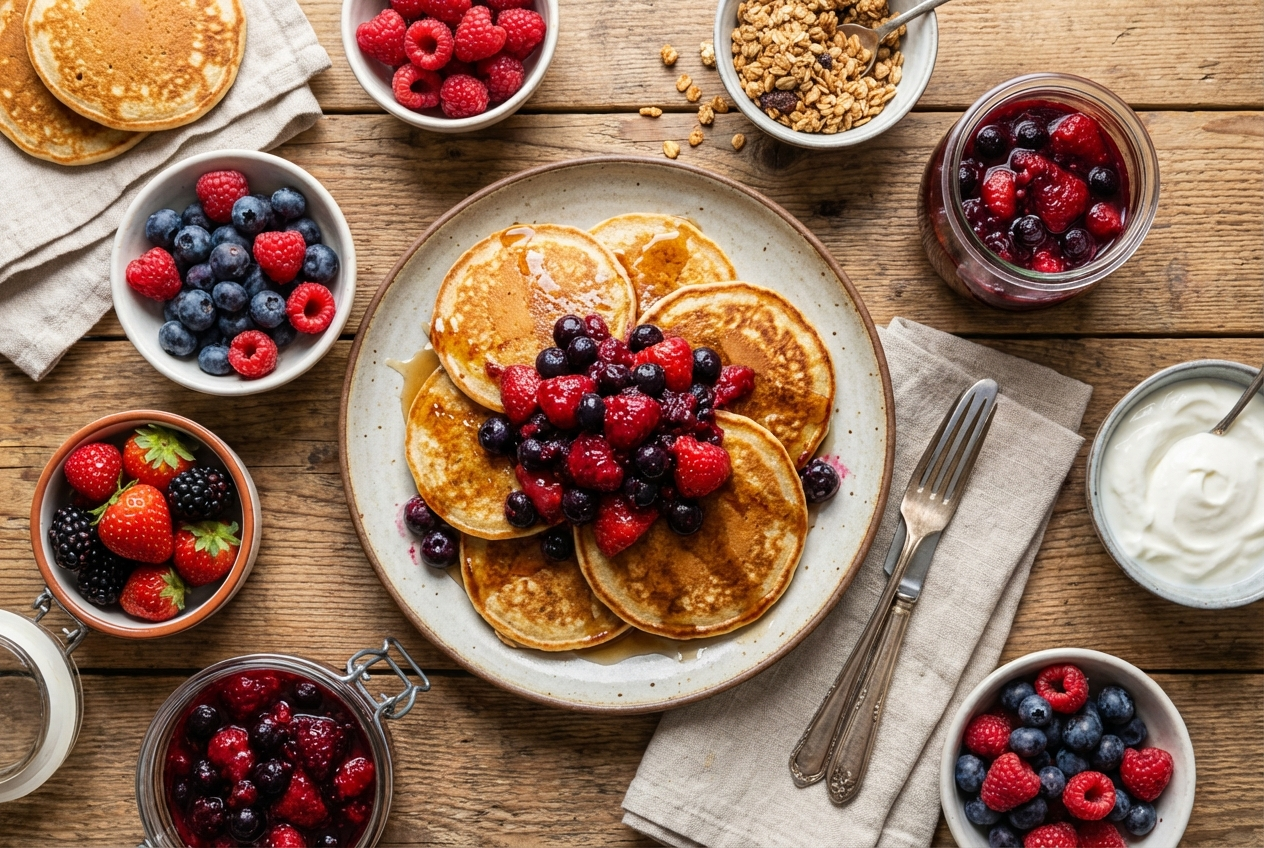 Stack of golden protein pancakes topped with warm mixed berry compote on a white plate