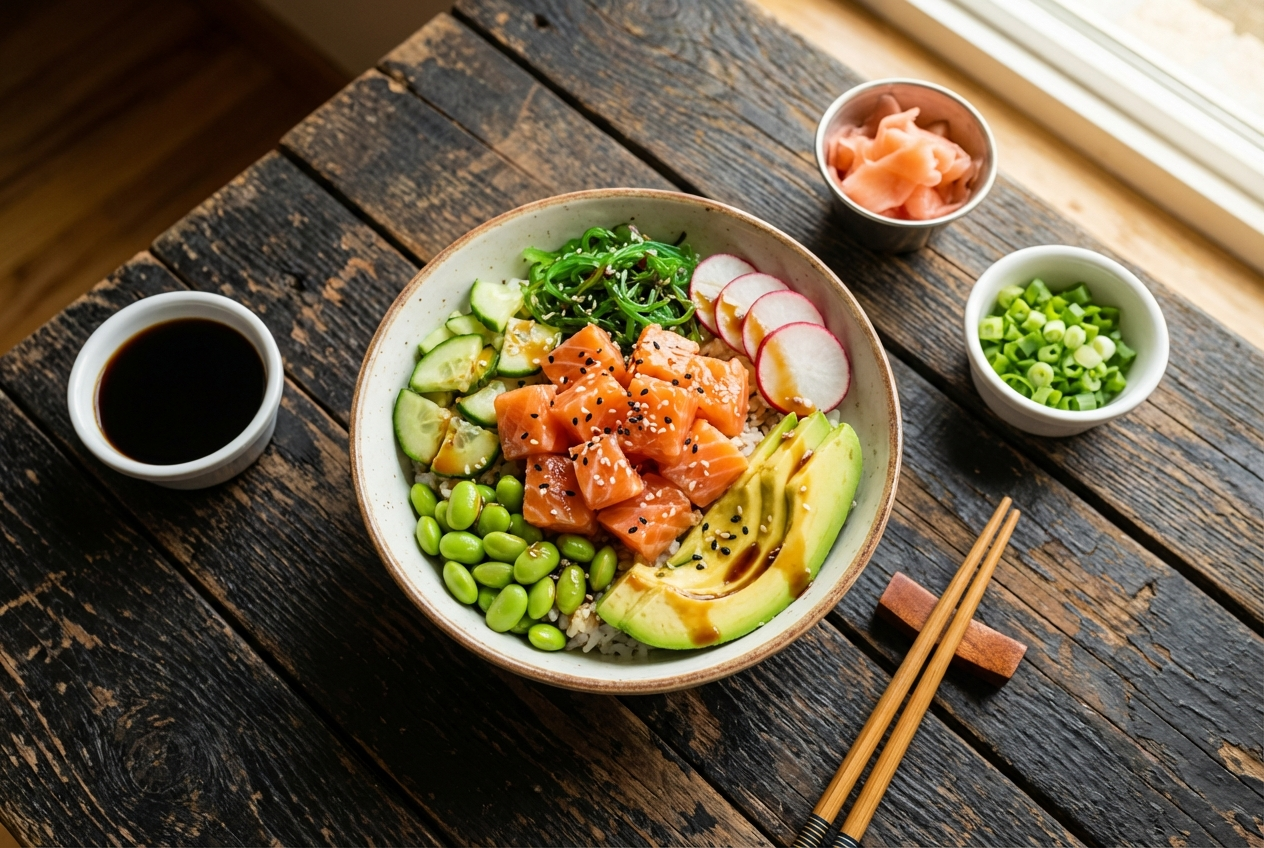 Colorful poke bowl with cubed salmon, avocado slices, edamame, cucumber, and sesame seeds over rice