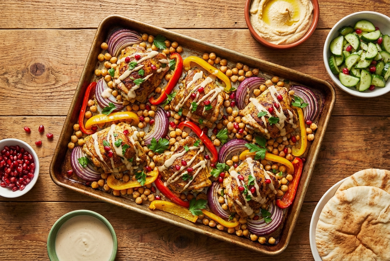 Sliced shawarma-spiced chicken with roasted vegetables on a bed of basmati rice with garlic sauce