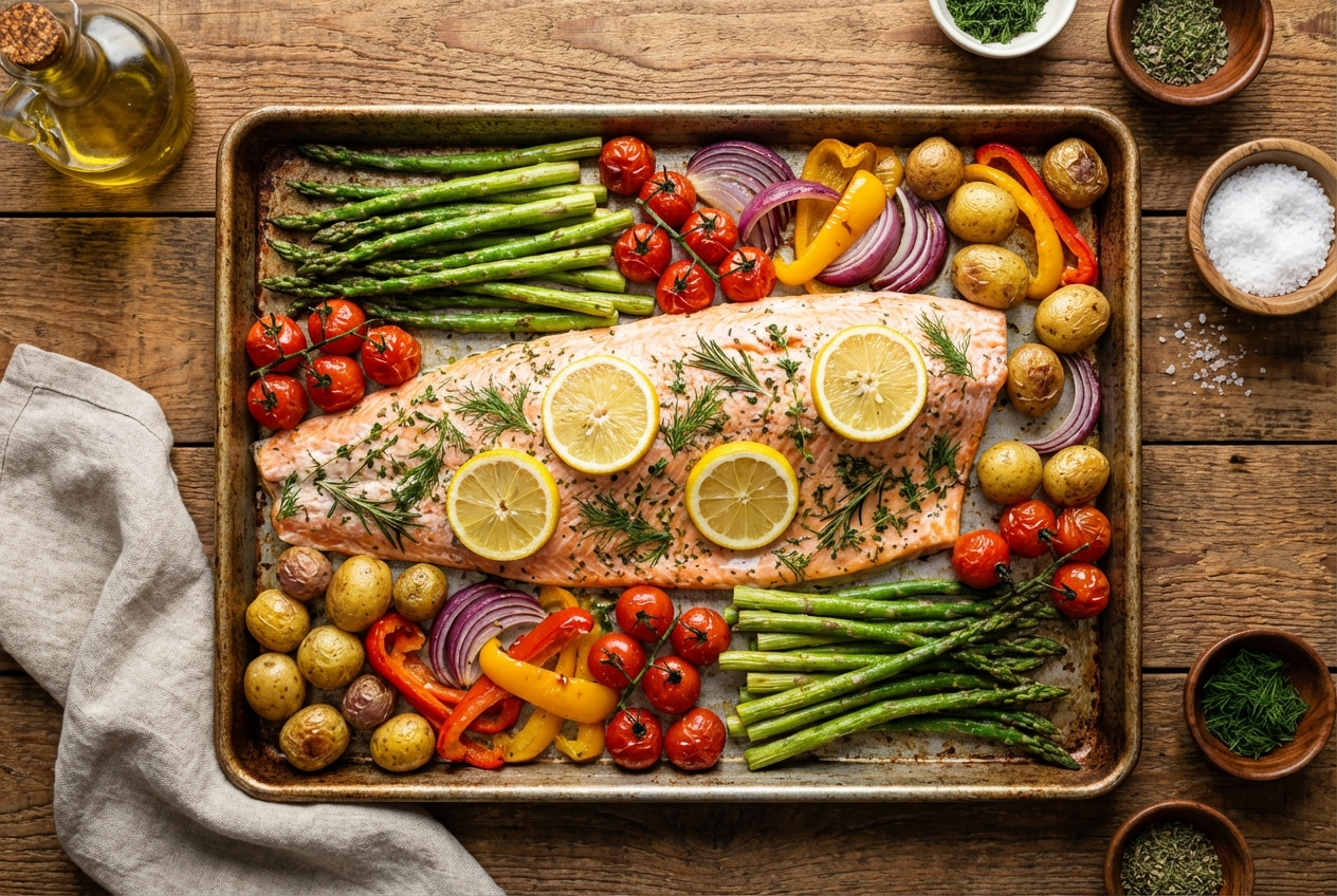 Sheet pan with herb-crusted salmon fillets surrounded by roasted broccoli, sweet potato cubes, and cherry tomatoes