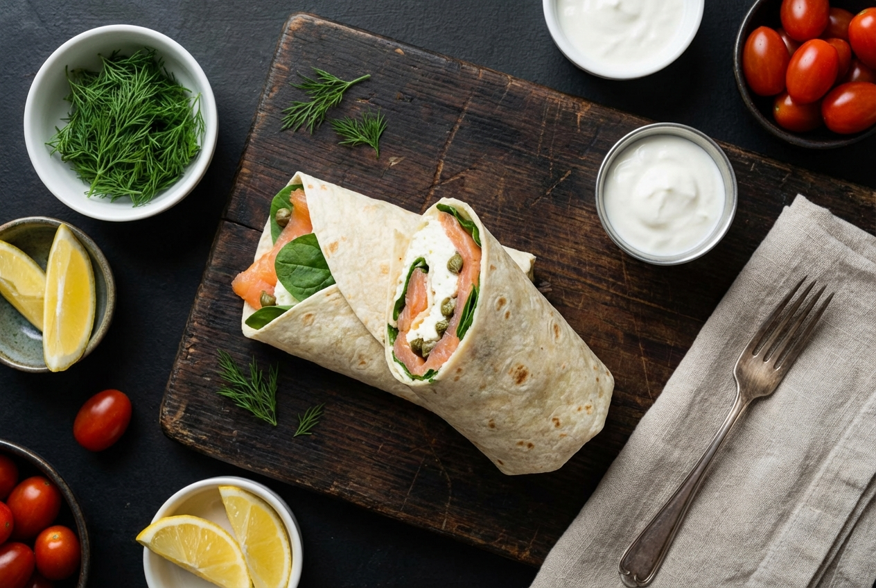 Sliced wrap showing layers of smoked salmon, fluffy egg whites, avocado, and fresh dill