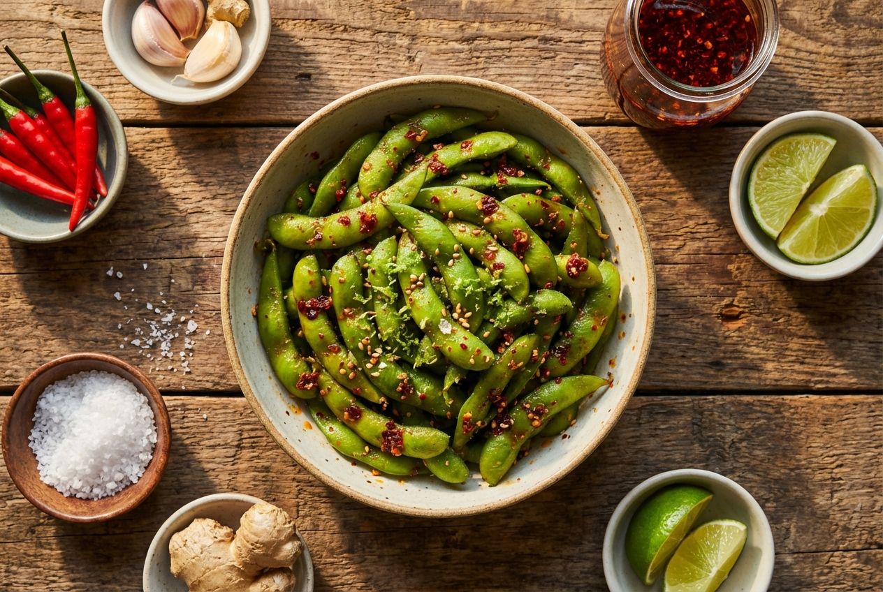 Bright green edamame pods sprinkled with sea salt, sesame seeds, and red pepper flakes in a white bowl